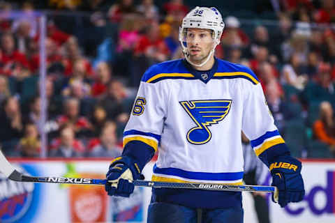 Mar 14, 2016; Calgary, Alberta, CAN; St. Louis Blues right wing Troy Brouwer (36) during the face off against the Calgary Flames during the third period at Scotiabank Saddledome. Calgary Flames won 7-4. Mandatory Credit: Sergei Belski-USA TODAY Sports