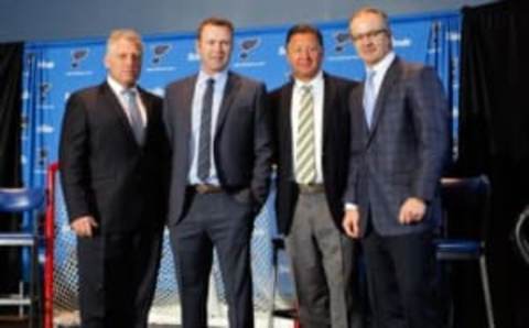 Jan 29, 2015; St. Louis, MO, USA; Former members of the Saint Louis Blues , from left to right Brett Hull , Martin Brodeur , Bernie Federko and Al MacInnis pose for the media after Brodeur announced his retirement from the NHL during a press conference at Scottrade Center. Mandatory Credit: Scott Kane-USA TODAY Sports