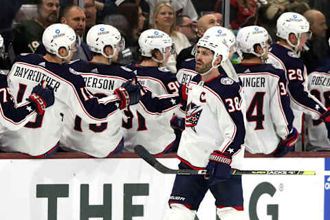 TEMPE, ARIZONA – FEBRUARY 19: Boone Jenner #38 of the Columbus Blue Jackets celebrates with the Columbus Blue Jackets bench after scoring a goal in the second period at Mullett Arena on February 19, 2023 in Tempe, Arizona. (Photo by Zac BonDurant/Getty Images)