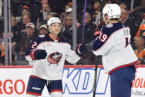 Apr 11, 2023; Philadelphia, Pennsylvania, USA; Columbus Blue Jackets right wing Carson Meyer (72) and center Liam Foudy (19) celebrate goal against the Philadelphia Flyers at Wells Fargo Center. Mandatory Credit: Eric Hartline-USA TODAY Sports