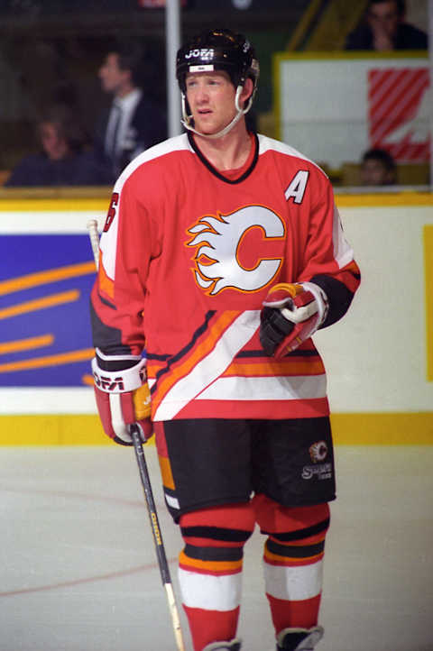 TORONTO, ON – OCTOBER 20: Phil Housley #6 of the Calgary Flames skates against the Toronto Maple Leafs during NHL game action on October 20, 1995 at Maple Leaf Gardens in Toronto, Ontario, Canada. (Photo by Graig Abel/Getty Images)