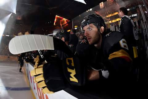 LAS VEGAS, NV – APRIL 16: Colin Miller #6 of the Vegas Golden Knights is seen on the bench prior to Game Four of the Western Conference First Round against the San Jose Sharks during the 2019 NHL Stanley Cup Playoffs at T-Mobile Arena on April 16, 2019 in Las Vegas, Nevada. (Photo by David Becker/NHLI via Getty Images)