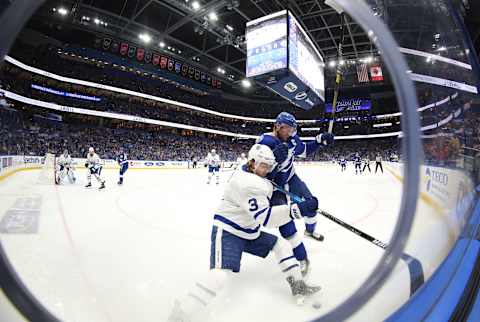 Feb 25, 2020; Tampa, Florida, USA; Tampa Bay Lightning center Steven Stamkos (91) defends Toronto Maple Leafs   Mandatory Credit: Kim Klement-USA TODAY Sports