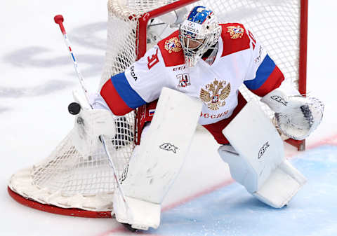 SOCHI, RUSSIA – AUGUST 9, 2017: Russian Olympic team’s goaltender Igor Shestyorkin defends the net in their Sochi Hockey Open 2017 final match against SKA St Petersburg at the Bolshoi Ice Palace. Artyom Korotayev/TASS (Photo by Artyom KorotayevTASS via Getty Images)