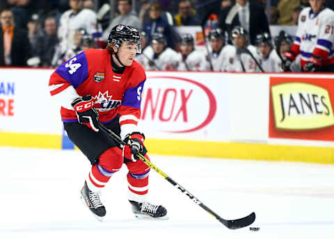 Jeremie Poirier #54 of Team Red skates during the 2020 CHL/NHL Top Prospects Game against Team White. (Photo by Vaughn Ridley/Getty Images)