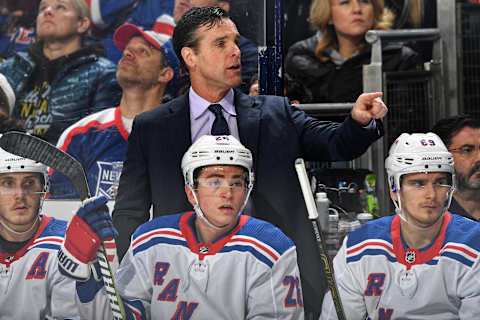 COLUMBUS, OH – JANUARY 13: Head Coach David Quinn of the New York Rangers watches his team play against the Columbus Blue Jackets on January 13, 2019 at Nationwide Arena in Columbus, Ohio. (Photo by Jamie Sabau/NHLI via Getty Images)