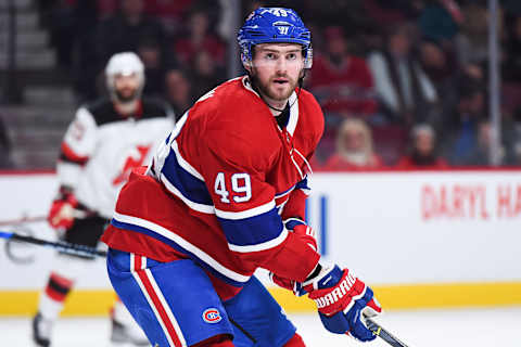 MONTREAL, QC – APRIL 01: Montreal Canadiens Right Wing Logan Shaw (49) looks towards his right during the New Jersey Devils versus the Montreal Canadiens game on April 1, 2018, at Bell Centre in Montreal, QC (Photo by David Kirouac/Icon Sportswire via Getty Images)