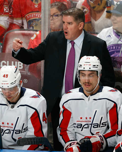 SUNRISE, FL – NOVEMBER 30: Head coach Peter Laviolette of the Washington Capitals reacts to a play against the Florida Panthers at the FLA Live Arena on November 30, 2021, in Sunrise, Florida. (Photo by Joel Auerbach/Getty Images)