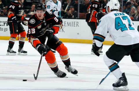 ANAHEIM, CA – OCTOBER 28: Jakob Silfverberg #33 of the Anaheim Ducks skates with the puck against Joakim Ryan #47 of the San Jose Sharks during the game on October 28, 2018, at Honda Center in Anaheim, California. (Photo by Debora Robinson/NHLI via Getty Images)