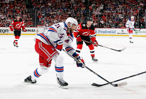 NEWARK, NEW JERSEY – APRIL 18: Barclay Goodrow, #21 of the New York Rangers, skates against the New Jersey Devils during Game One in the First Round of the 2023 Stanley Cup Playoffs at the Prudential Center on April 18, 2023, in Newark, New Jersey. (Photo by Bruce Bennett/Getty Images)