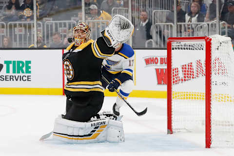 BOSTON, MA – OCTOBER 26: Boston Bruins goalie Tuukka Rask (40) makes sure the puck goes high of the goal during a game between the Boston Bruins and the St. Louis Blues on October 26, 2019, at TD Garden in Boston, Massachusetts. (Photo by Fred Kfoury III/Icon Sportswire via Getty Images)