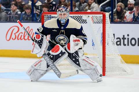 Jan 19, 2023; Columbus, Ohio, USA; Columbus Blue Jackets goaltender Elvis Merzlikins (90) defends the net against the Anaheim Ducks in the second period at Nationwide Arena. Mandatory Credit: Aaron Doster-USA TODAY Sports