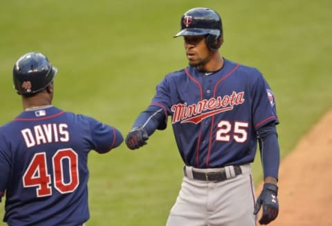 Sep 30, 2015; Cleveland, OH, USA; Minnesota Twins center fielder Byron Buxton (25) celebrates his RBI single in the seventh inning against the Cleveland Indians at Progressive Field. Mandatory Credit: David Richard-USA TODAY Sports