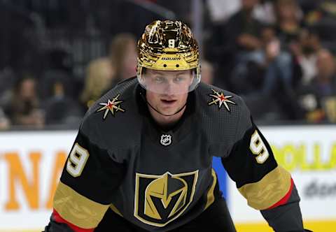 LAS VEGAS, NEVADA – MARCH 19: Jack Eichel #9 of the Vegas Golden Knights waits for a faceoff in the second period of a game against the Los Angeles Kings at T-Mobile Arena on March 19, 2022 in Las Vegas, Nevada. The Golden Knights defeated the Kings 5-1. (Photo by Ethan Miller/Getty Images)