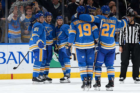 ST. LOUIS, MO – OCTOBER 27: Vladimir Tarasenko #91 of the St. Louis Blues is congratulated after scoring a goal against the Chicago Blackhawks at Enterprise Center on October 27, 2018 in St. Louis, Missouri. (Photo by Scott Rovak/NHLI via Getty Images)