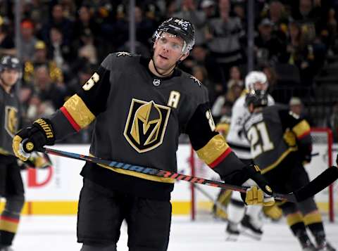 Paul Stastny of the Vegas Golden Knights takes a break during a stop in play in the second period of a game against the Los Angeles Kings at T-Mobile Arena on March 1, 2020 in Las Vegas, Nevada.