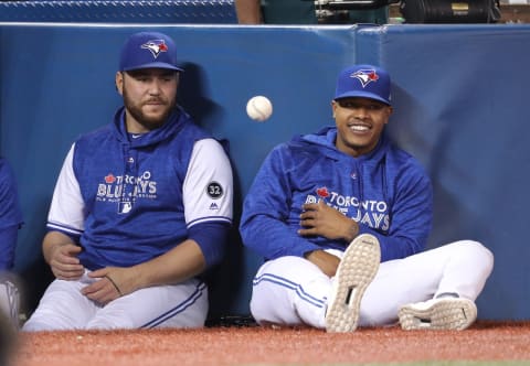 TORONTO, ON – SEPTEMBER 24: Russsell Martin #55 of the Toronto Blue Jays and Marcus Stromman #6 playfully flip a baseball to each other back and forth as they watch the game from the top step of the dugout during MLB game action against the Houston Astros at Rogers Centre on September 24, 2018 in Toronto, Canada. (Photo by Tom Szczerbowski/Getty Images)