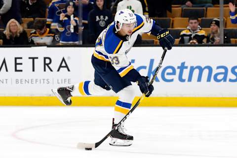 BOSTON, MA – JANUARY 17: St. Louis Blues winger Jordan Kyrou (33) shoots before a game between the Boston Bruins and the St. Louis Blues on January 17, 2019, at TD Garden in Boston, Massachusetts. (Photo by Fred Kfoury III/Icon Sportswire via Getty Images)