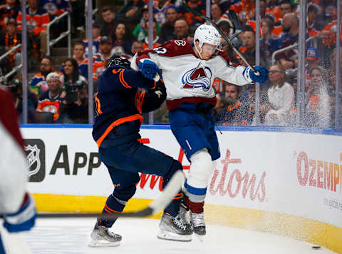 EDMONTON, ALBERTA – JUNE 04: Evander Kane #91 of the Edmonton Oilers against Josh Manson #42 of the Colorado Avalanche in the second period in Game Three of the Western Conference Final of the 2022 Stanley Cup Playoffs at Rogers Place on June 04, 2022 in Edmonton, Alberta. (Photo by Codie McLachlan/Getty Images)