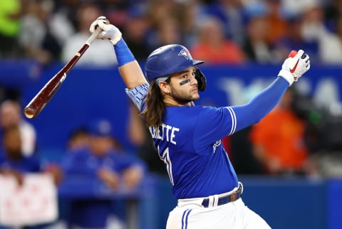 TORONTO, ON – SEPTEMBER 30: Bo Bichette #11 of the Toronto Blue Jays bats against the Boston Red Sox at Rogers Centre on September 30, 2022 in Toronto, Ontario, Canada. (Photo by Vaughn Ridley/Getty Images)