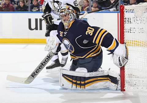 BUFFALO, NY – FEBRUARY 05: Ryan Miller #30 of the Buffalo Sabres protects the net during the Sabres game against the Pittsburgh Penguins at First Niagara Center on February 5, 2014 in Buffalo, New York. (Photo by Sean Rudyk/Getty Images)