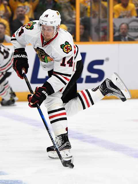 Apr 17, 2017; Nashville, TN, USA; Chicago Blackhawks right winger Richard Panik (14) attempts a shot against the Nashville Predators in game three of the first round of the 2017 Stanley Cup Playoffs at Bridgestone Arena. The Predators won in overtime 3-2. Mandatory Credit: Christopher Hanewinckel-USA TODAY Sports