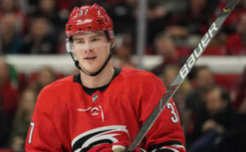 RALEIGH, NC – DECEMBER 21: Carolina Hurricanes Left Wing Andrei Svechnikov (37) skates in before a face-off during a game between the Florida Panthers and the Carolina Hurricanes on December 21, 2019 at the PNC Arena in Raleigh, NC. (Photo by Greg Thompson/Icon Sportswire via Getty Images)