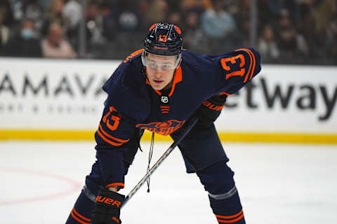 Feb 15, 2022; Los Angeles, California, USA; Edmonton Oilers right wing Jesse Puljujarvi (13) against the LA Kings in the first period at Crypto.com Arena. Mandatory Credit: Kirby Lee-USA TODAY Sports