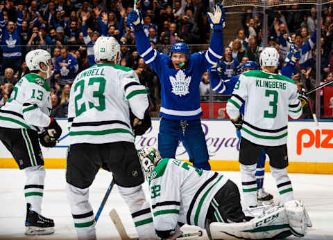 TORONTO, ON – MARCH 14: James van Riemsdyk #25 of the Toronto Maple Leafs celebrates after scoring his third goal of the game against Kari Lehtonen #32 of the Dallas Stars as Esa Lindell #23 and John Klingberg #3 defend during the third period at the Air Canada Centre on March 14, 2018 in Toronto, Ontario, Canada. (Photo by Mark Blinch/NHLI via Getty Images)