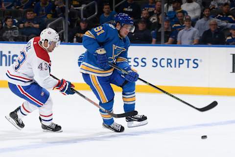 ST. LOUIS, MO – OCTOBER 17: Vladimir Tarasenko #91 of the St. Louis Blues carries the puck as Jordan Weal #43 of the Montreal Canadiens pressures at Enterprise Center on October 17, 2019 in St. Louis, Missouri. (Photo by Scott Rovak/NHLI via Getty Images)