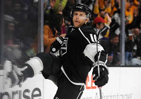 April 7, 2016; Los Angeles, CA, USA; Los Angeles Kings right wing Kris Versteeg (10) celebrates his goal scored against Anaheim Ducks during the second period at Staples Center. Mandatory Credit: Gary A. Vasquez-USA TODAY Sports