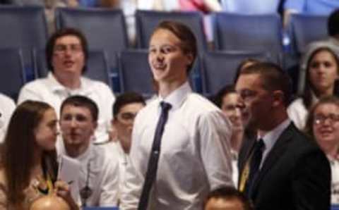 Jun 24, 2016; Buffalo, NY, USA; Henrik Borgstrom walks to the stage after being selected as the number twenty-three overall draft pick by the Florida Panthers in the first round of the 2016 NHL Draft at the First Niagra Center. Mandatory Credit: Timothy T. Ludwig-USA TODAY Sports