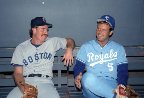 Wade Boggs and George Brett visit during the 1980s. (Photo by Ron Vesely/Getty Images)