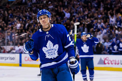 TORONTO, ON – JANUARY 23: Nikita Zaitsev #22 of the Toronto Maple Leafs celebrates after scoring on the Washington Capitals during the second period at the Scotiabank Arena on January 23, 2019 in Toronto, Ontario, Canada. (Photo by Kevin Sousa/NHLI via Getty Images)