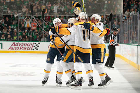 DALLAS, TX – NOVEMBER 10: P.K. Subban #76, Mattias Ekholm #14, Yannick Weber #7 and Kyle Turris #8 of the Nashville Predators celebrate a game-winning overtime goal against the Dallas Stars at the American Airlines Center on November 10, 2018 in Dallas, Texas. (Photo by Glenn James/NHLI via Getty Images)