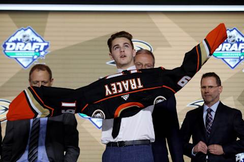 Brayden Tracey reacts after being selected twenty-ninth overall by the Anaheim Ducks (Photo by Bruce Bennett/Getty Images)