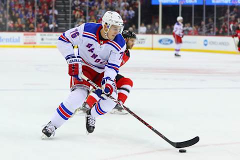 NEWARK, NJ – APRIL 03: New York Rangers defenseman Brady Skjei (76) skates during the first period of the National Hockey League Game between the New Jersey Devils and the New York Rangers on April 3, 2018, at the Prudential Center in Newark, NJ. (Photo by Rich Graessle/Icon Sportswire via Getty Images)