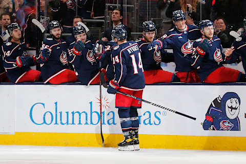 Jan 21, 2023; Columbus, Ohio, USA; Columbus Blue Jackets center Gustav Nyquist (14) celebrates with teammates after a goal against the San Jose Sharks during the third period at Nationwide Arena. Mandatory Credit: Russell LaBounty-USA TODAY Sports