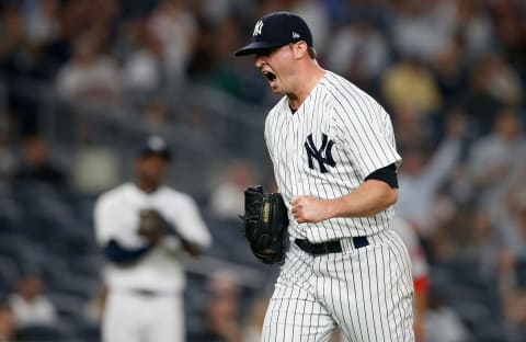 NEW YORK, NY – SEPTEMBER 18: Zach Britton #53 of the New York Yankees reacts after a ninth inning game ending double play against the Boston Red Sox at Yankee Stadium on September 18, 2018 in the Bronx borough of New York City. (Photo by Jim McIsaac/Getty Images)