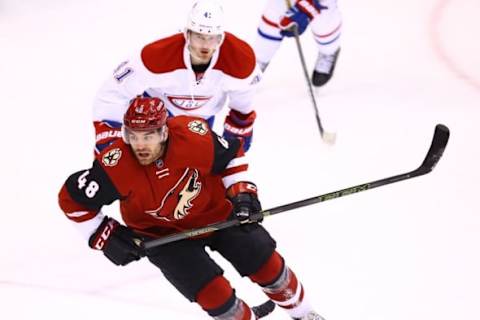 Feb 15, 2016; Glendale, AZ, USA; Arizona Coyotes left wing Jordan Martinook (48) against the Montreal Canadiens at Gila River Arena. Mandatory Credit: Mark J. Rebilas-USA TODAY Sports