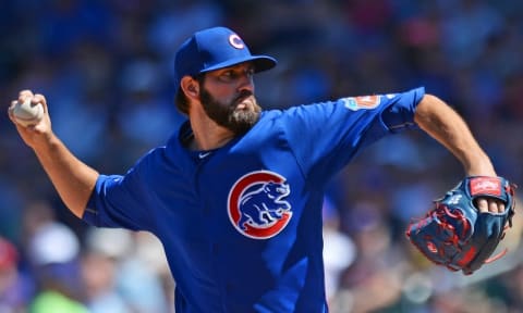 Mar 27, 2016; Mesa, AZ, USA; Chicago Cubs starting pitcher Jason Hammel (39) pitches during the second inning against the Seattle Mariners at Sloan Park. Mandatory Credit: Jake Roth-USA TODAY Sports