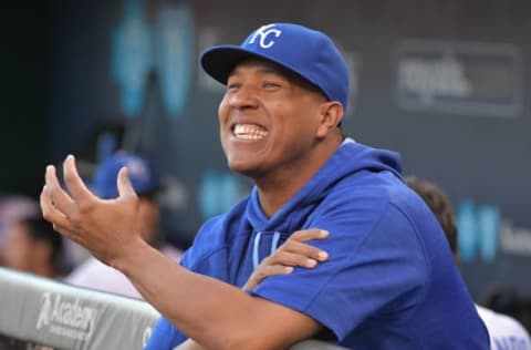 Sep 29, 2016; Kansas City, MO, USA; Kansas City Royals catcher Salvador Perez (13) laughs in the dugout before the game against the Minnesota Twins at Kauffman Stadium. Mandatory Credit: Denny Medley-USA TODAY Sports