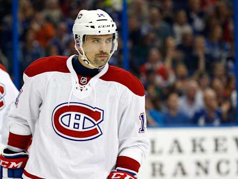 Dec 28, 2016; Tampa, FL, USA; Montreal Canadiens center Tomas Plekanec (14) against the Tampa Bay Lightning during the first period at Amalie Arena. Mandatory Credit: Kim Klement-USA TODAY Sports