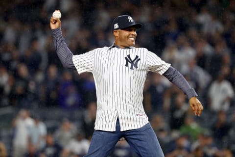 NEW YORK, NY – OCTOBER 09: Former pitcher Mariano Rivera throws out the ceremonial first pitch prior to Game Four of the American League Divisional Series between the Cleveland Indians and the New York Yankees at Yankee Stadium on October 9, 2017 in the Bronx borough of New York City. (Photo by Al Bello/Getty Images)