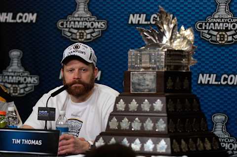 June 15, 2011; Vancouver, BC, CANADA; Boston Bruins goalie Tim Thomas (30) winner of the Conn Smythe trophy speaks at the press conference after defeating the Vancouver Canucks 4-0 in game seven of the 2011 Stanley Cup finals at Rogers Arena. Mandatory Credit: Anne-Marie Sorvin-USA TODAY Sports