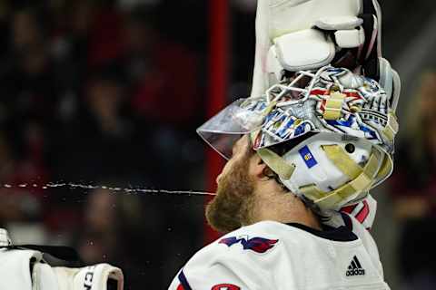 RALEIGH, NC – APRIL 22: Washington Capitals goaltender Braden Holtby (70) expels water during a game between the Carolina Hurricanes and the Washington Capitals on April 22, 2019 at the PNC Arena in Raleigh, NC. (Photo by Greg Thompson/Icon Sportswire via Getty Images)