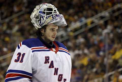 May 9, 2022; Pittsburgh, Pennsylvania, USA; New York Rangers goaltender Igor Shesterkin (31) returns to the net against the Pittsburgh Penguins during the second period in game four of the first round of the 2022 Stanley Cup Playoffs at PPG Paints Arena. The Penguins won 7-2. Mandatory Credit: Charles LeClaire-USA TODAY Sports