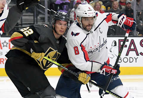 LAS VEGAS, NEVADA – FEBRUARY 17: Nick Holden #22 of the Vegas Golden Knights and Alex Ovechkin #8 of the Washington Capitals fight for position in front of the net in the third period of their game at T-Mobile Arena on February 17, 2020 in Las Vegas, Nevada. The Golden Knights defeated the Capitals 3-2. (Photo by Ethan Miller/Getty Images)