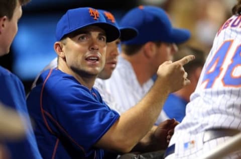 Aug 29, 2016; New York City, NY, USA; New York Mets injured third baseman David Wright (5) looks on from the dugout during the tenth inning against the Miami Marlins at Citi Field. Mandatory Credit: Brad Penner-USA TODAY Sports