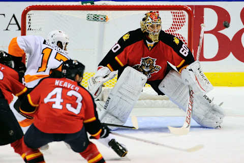 SUNRISE, FL – JANUARY 26: Goaltender Jose Theodore #60 of the Florida Panthers defends the net during a NHL game against the Philadelphia Flyers at the BB&T Center on January 26, 2013 in Sunrise, Florida. (Photo by Ronald C. Modra/Getty Images)